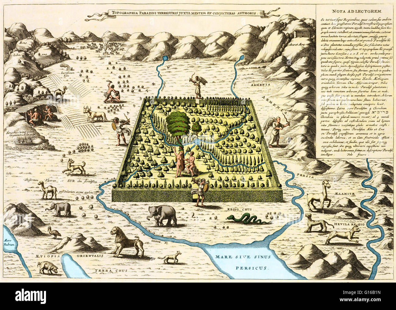 Una rappresentazione del giardino di Eden e " topografia del paradiso terrestre' di Athanasius Kircher (1602-1680), dal 1675. Adamo ed Eva può essere visto dentro le mura, con angeli a tutte e quattro le porte. Caino può essere visto uccidere Abele in alto a sinistra fuori della wal Foto Stock