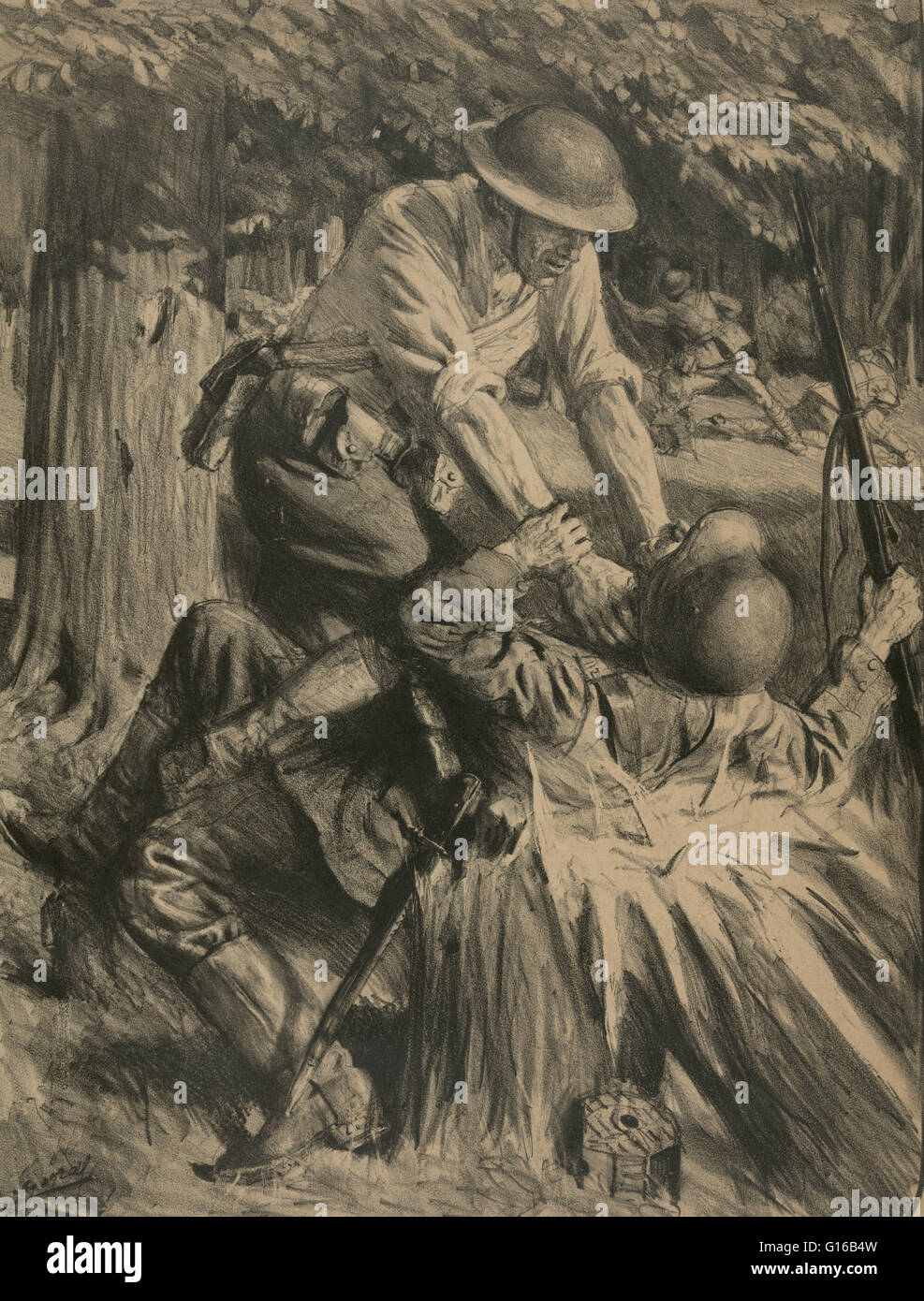 Titolo: Au bois belleau. Schizzo mostra un soldato americano uccide un soldato a Belleau battaglia di legno durante la I Guerra Mondiale da Lucien Jonas. La battaglia di Belleau Wood si è verificato durante il tedesco 1918 offensiva di primavera nella guerra mondiale I, vicino al fiume Marne in Foto Stock