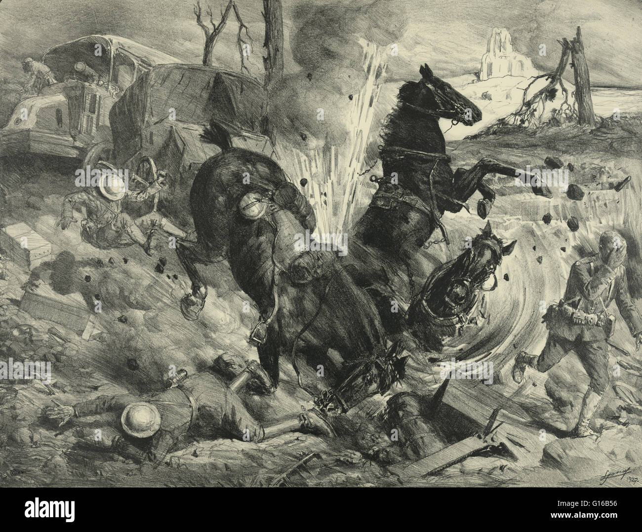 Titolo: Notte da bombardamenti aerei su una strada vicino a Soissons. Schizzo mostra bomba colpisce i cavalli e dai soldati durante una battaglia nella guerra mondiale I da Lucien Jonas. La battaglia di Soissons è stata scatenata dal luglio 18-22, 1918, tra il francese (con American assista Foto Stock