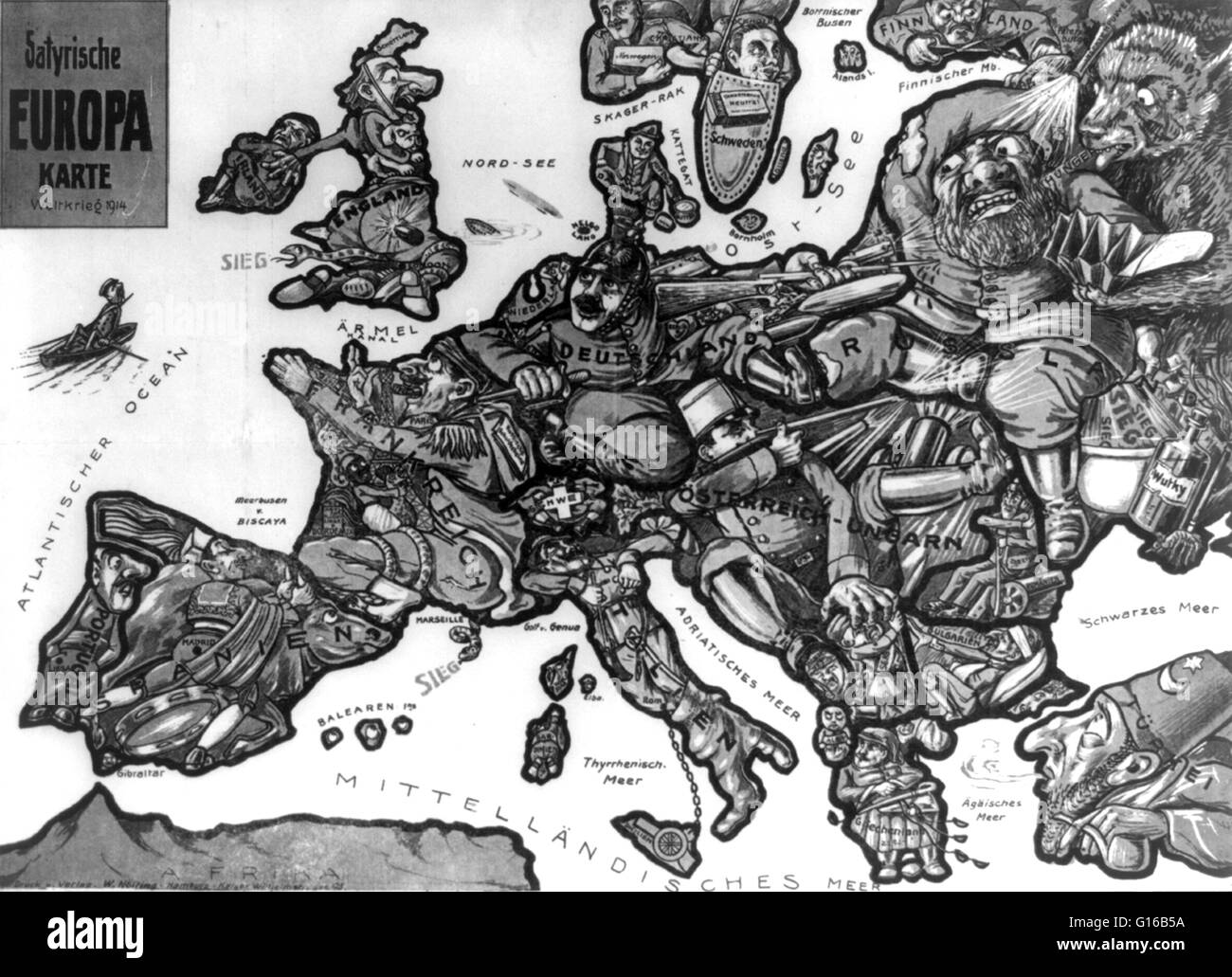 Titolo: Satyrische Europa Karte Weltkrieg 1914. Schizzo raffigurante una mappa dell'Europa allo scoppio della Prima Guerra Mondiale con ciascun paese rappresentato come una figura umana rappresentante del particolare stato di cose o atteggiamenti del paese, per insta Foto Stock