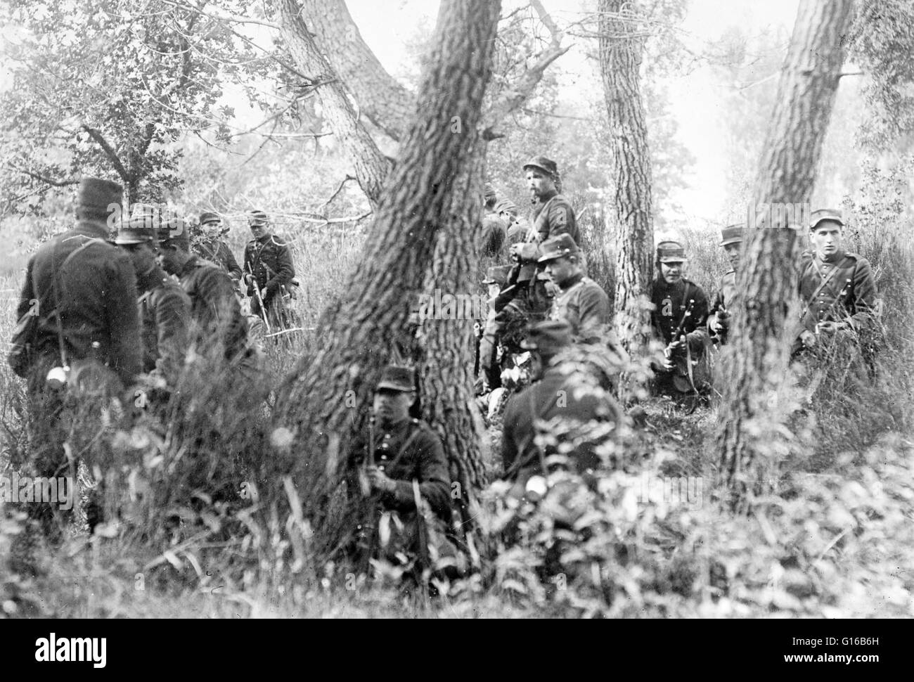 Fanteria francese scouting nel bosco all'inizio della prima guerra mondiale nel gennaio 1914, l'esercito francese aveva 47 divisioni, composta da 777,000 soldati francesi e di 47.000 truppe coloniali. Un altro 2,9 milioni di uomini sono stati mobilitati in estate di 1914, e pesanti l Foto Stock