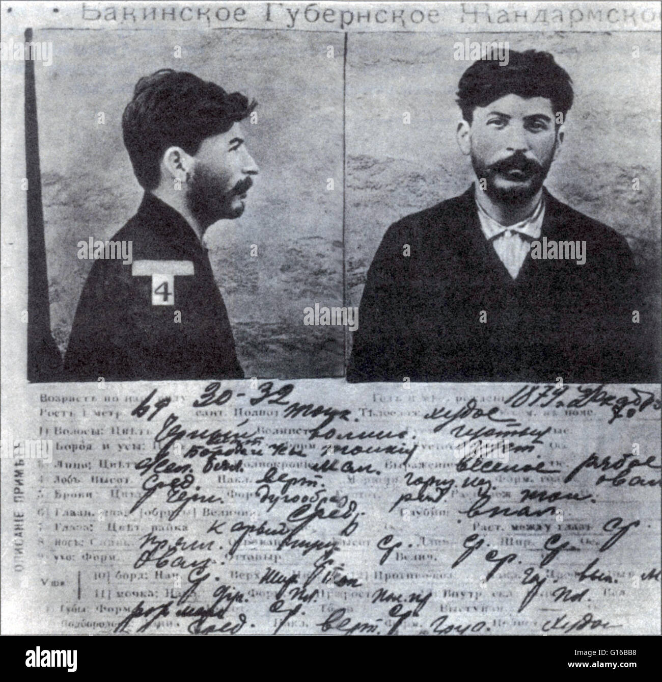 Prima della rivoluzione del 1917, Stalin ha svolto un ruolo attivo nella lotta contro il governo zarista. Qui egli è mostrato su un 1911 Scheda di informazioni dai file della polizia russa a San Pietroburgo. Joseph Vissarionovich Stalin (Dicembre 18, 1878 - Marzo Foto Stock