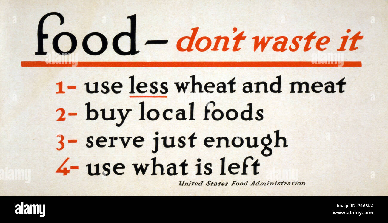 Titolo: "Cibo - non sprecatela'. Elenco Poster modi per non sprecare il cibo. 1 Utilizzare meno grano e carne, 2 acquistare cibi locali, 3 servono appena sufficiente, 4 utilizzare quello che è a sinistra. Gli Stati Uniti non hanno il razionamento alimentare nella prima guerra mondiale. Attraverso slogan come "cibo vincerà t Foto Stock
