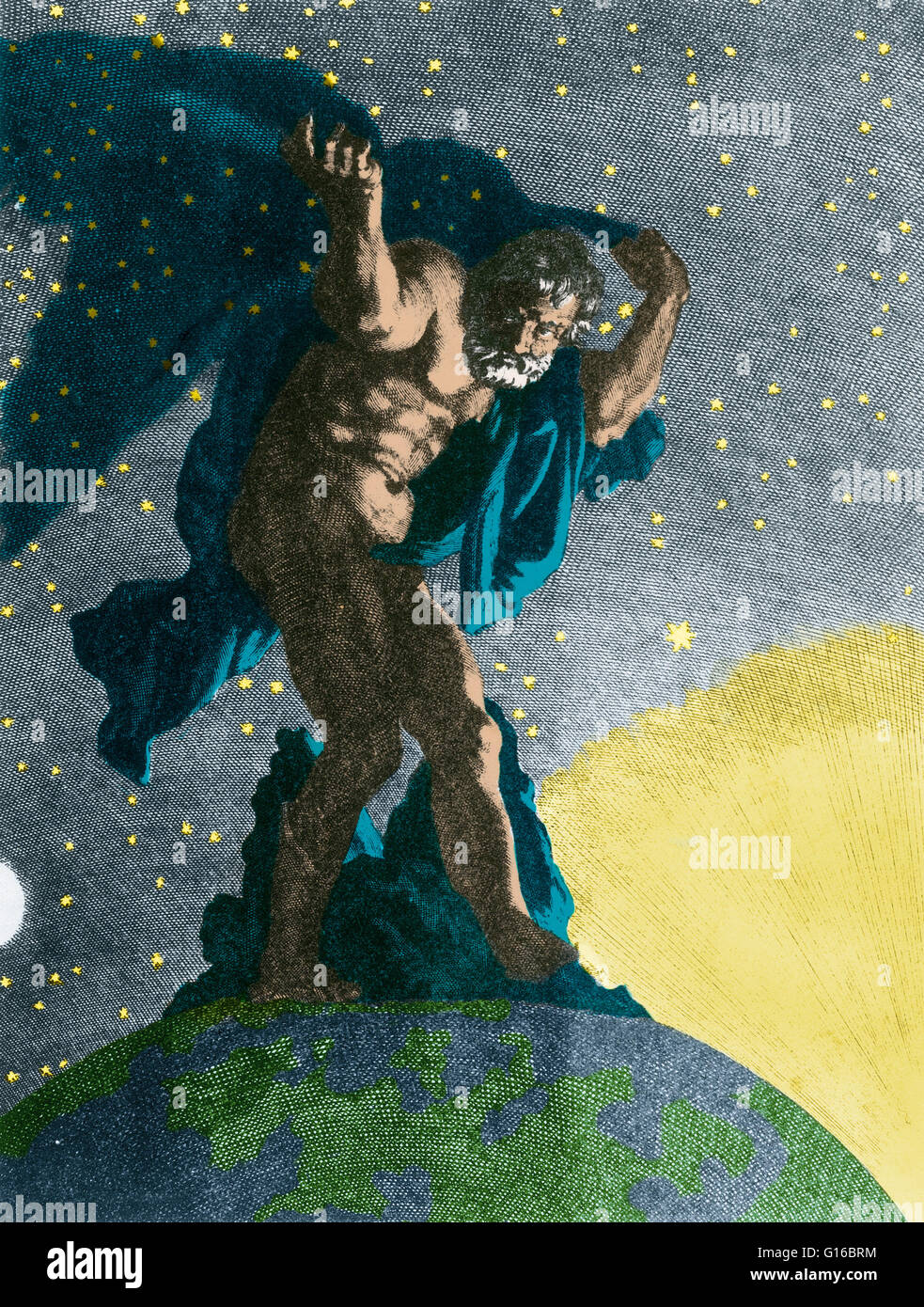 Miglioramento del colore di "Atlas supporta il cielo sulle sue spalle' da Bernard Picart (1731). In classico della mitologia greca, Atlas era il primordiale Titan che ha tenuto la sfera celeste. Egli è anche il titan di astronomia e di navigazione. Atlas e il suo bro Foto Stock