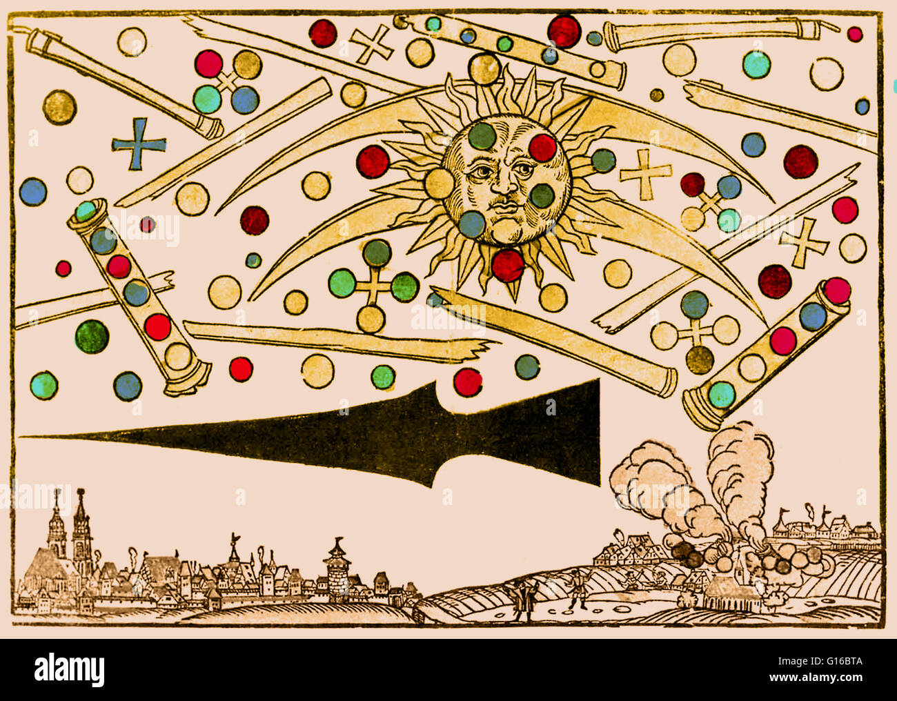 Enhancment colore di un secolo XVI xilografia chiamato Norimberga UFO di Hans Glaser. All alba del 14 aprile 1561, i cittadini di Norimberga videro "molto paurosa spettacolo." Il Cielo apparve a riempire con oggetti di forma cilindrica da cui rosso, nero orang Foto Stock