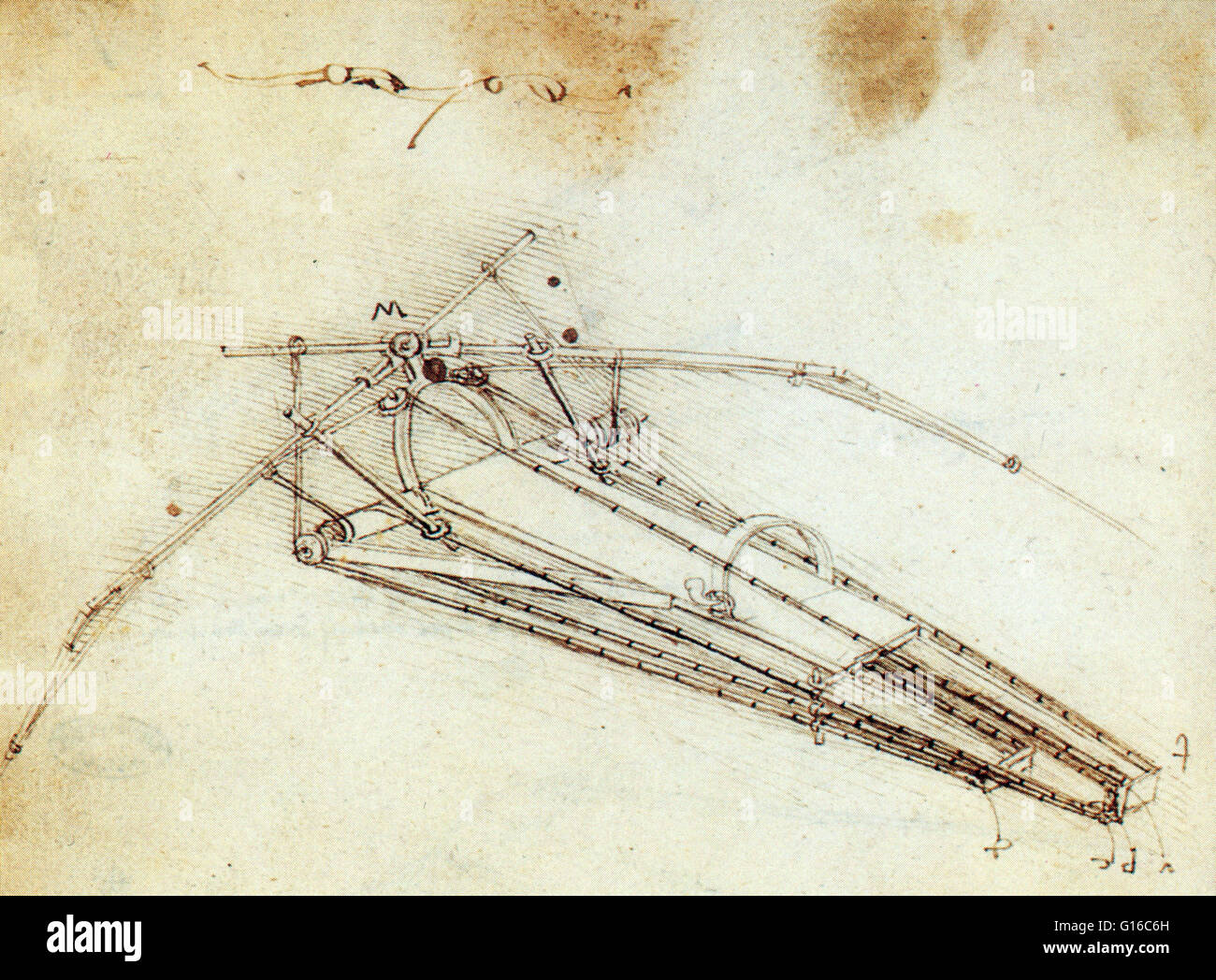 Quadro centrale di Da Vinci's uomo-powered ornithopter, circa 1485. Da Vinci ha iniziato a studiare il volo degli uccelli. Egli ha capito che gli esseri umani sono troppo pesanti e non abbastanza forte per volare con ali semplicemente attaccato ai bracci. Egli ha ideato un dispositivo in wh Foto Stock