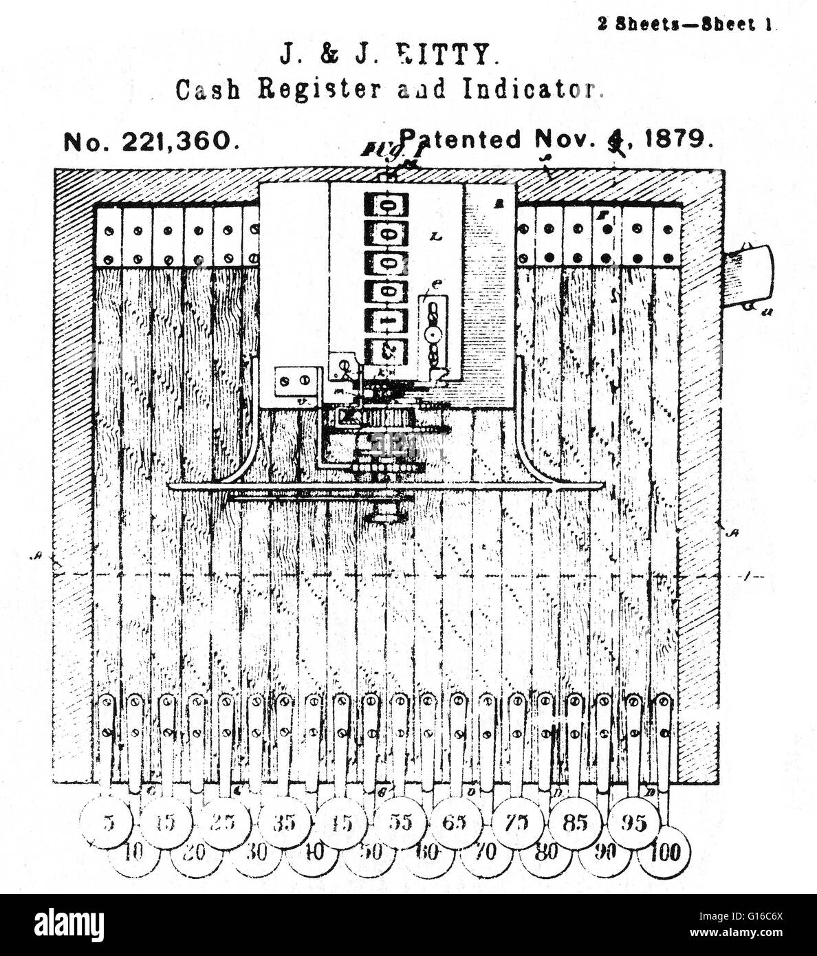 Il primo registratore di cassa è stato inventato da James Ritty dopo la Guerra Civile Americana. Egli era il proprietario di una berlina in Ohio e ha voluto fermare i dipendenti dal furto dei suoi profitti. Ha inventato il modello Ritty ho nel 1879 dopo aver visto un utensile che conta le Foto Stock
