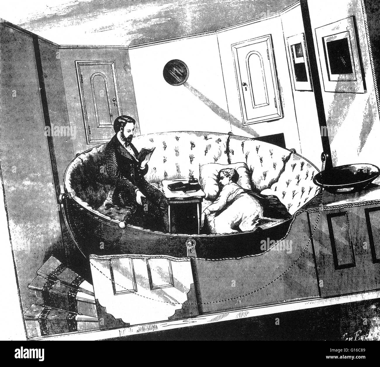 Newell's oscillante di divano, tavolo e lettino per le navi, 1870. La presente invenzione fornisce le camere di navi con divani, divani e altri mobili, sospeso per mantenere sempre una posizione orizzontale, non importa quanto la nave può rollio o beccheggio. La cou Foto Stock