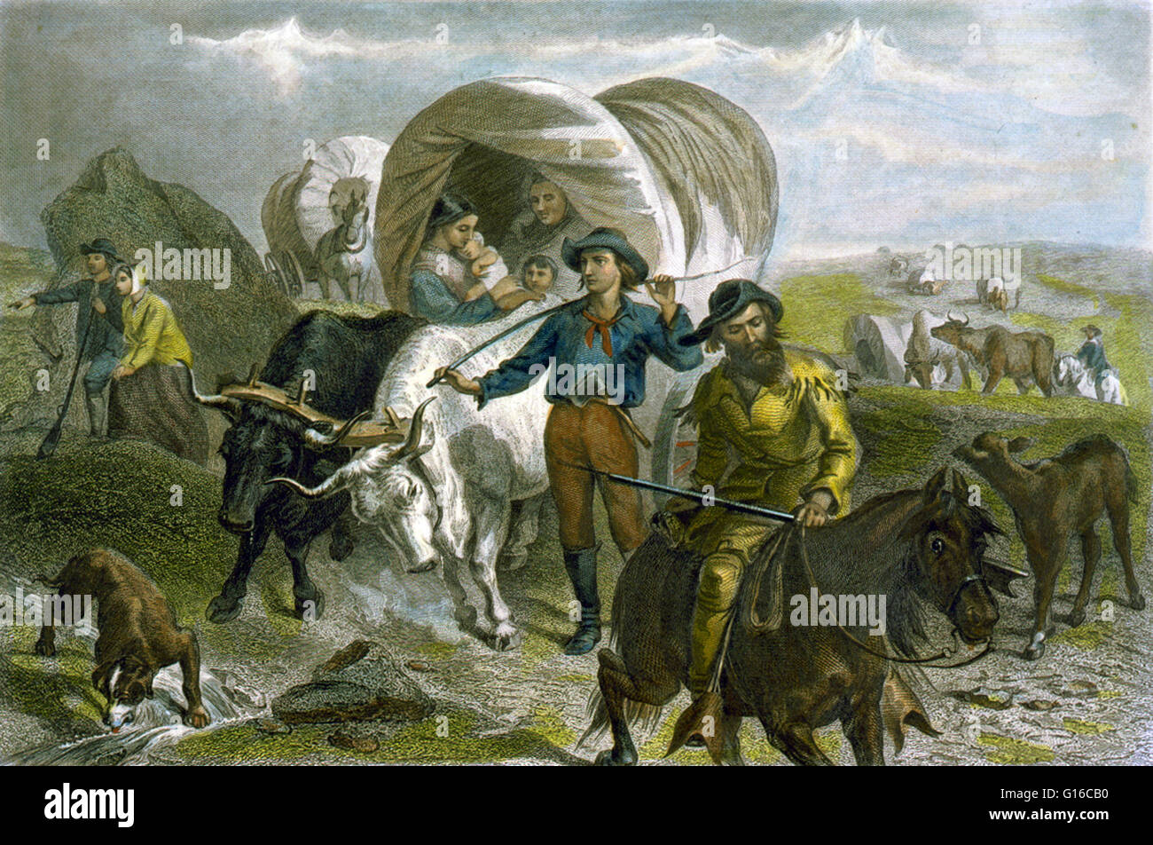 Incisione di Henry Bean Hall intitolato: "Emigranti attraversando la pianura", 1869. Destino manifesto era il diciannovesimo e ventesimo secolo americano la convinzione che gli Stati Uniti era destinato a espandersi in tutto il nord del continente americano. L'Homestead Act del 1862 encou Foto Stock