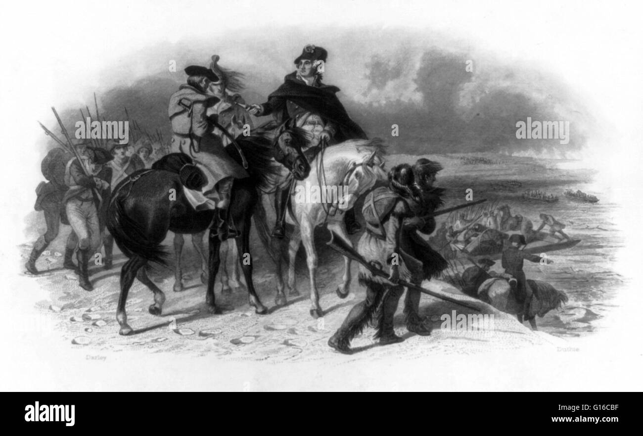 Incisione di James Duthie mostra Washington a cavallo, con gli altri a cavallo, a piedi e in barca con i cavalli e le attrezzature. George Washington attraversamento del fiume Delaware, avvenuta la notte del 25-26 dicembre, 1776, durante l'Ameri Foto Stock