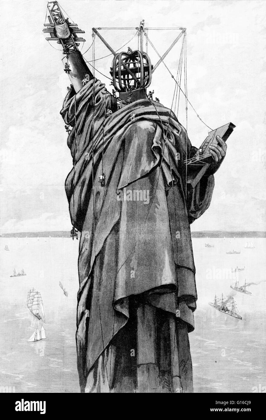 Illustrazione da Frank Leslie giornale intitolato: "Preparare la Statua della Libertà sulla Bedloe Island, per la formale unvailing [sic] su 28 Ottobre (1886). Condizione attuale del lavoro da uno schizzo di un artista del personale. La Statua della Libertà è un colo Foto Stock