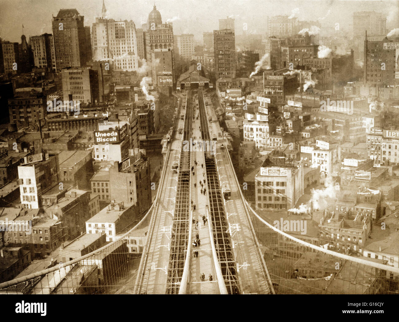 Fotografia mostra vista panoramica della città di New York con la gente e carrelli attraversando il ponte di Brooklyn in primo piano. Il Ponte di Brooklyn è uno dei più antichi ponti di sospensione negli Stati Uniti. Completato nel 1883, si collega il distretto dell'uomo Foto Stock