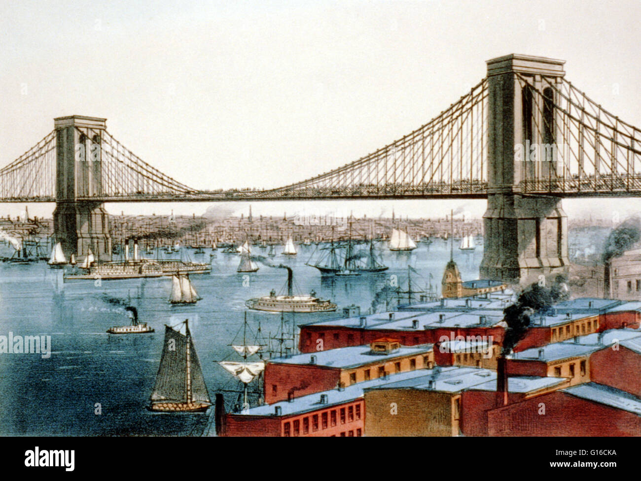 Currier & Ives litografia intitolata " Il grande East River bridge: per collegare la città di New York e a Brooklyn, 1872." Il Ponte di Brooklyn è uno dei più antichi ponti di sospensione negli Stati Uniti. Completato nel 1883, si collega il distretto di Manhatt Foto Stock