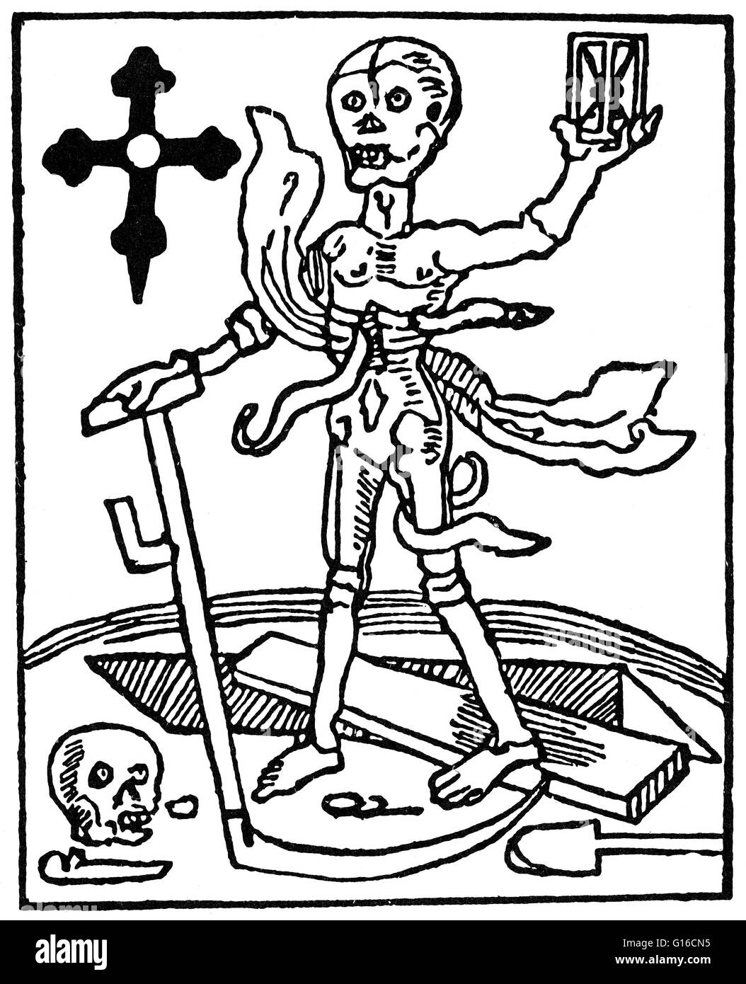 Uno dei primi extant etichette stampate per una bottiglia di veleno, che rappresenta la morte come un verme mangiato cadavere. Da un artista sconosciuto, 1480-90. La Danza della morte, chiamato anche Danza Macabra (Francese), Danza Macabra (italiano), Dansul Mortii (Romeno), Danza de la Mue Foto Stock