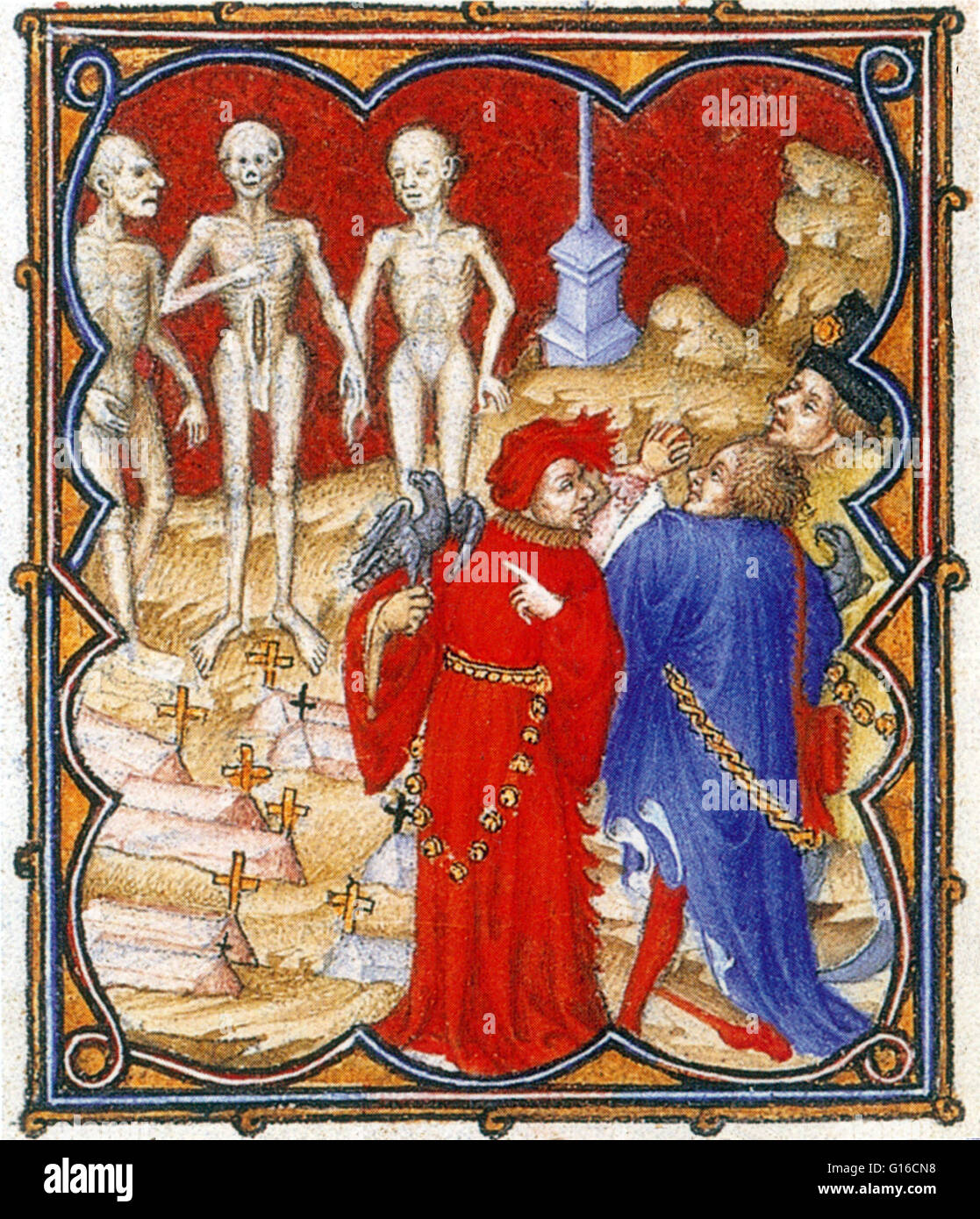 Manoscritto illuminato prese dal Très ricchezze Heures du Duc de Berry, o Très ricchezze Heures, uno dei migliori esempi di gotico francese manoscritto che sopravvivono alla presente giornata. Si tratta di un libro di ore: una raccolta di preghiere per essere detto a c Foto Stock