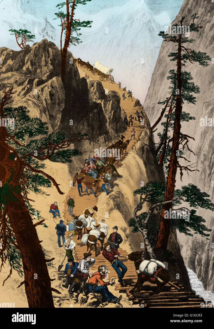 Pionieri scalata di un velluto a coste strada attraverso le Montagne Rocciose durante l'American Gold Rush. Questa immagine è stata color-enhanced. Foto Stock