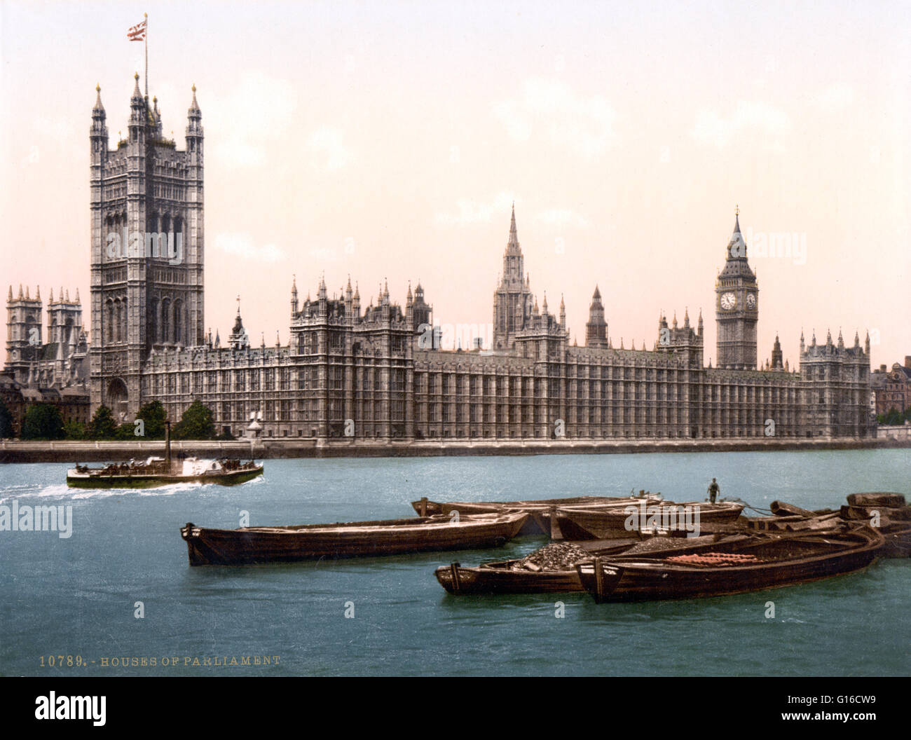 Le case del Parlamento dal fiume, Londra, Inghilterra. Il Palazzo di Westminster è il luogo di incontro della House of Commons e House of Lords, le due case del parlamento del Regno Unito. Comunemente noto come le Case del Parlamento dopo che ho Foto Stock