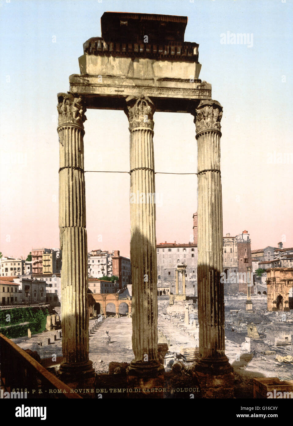 Il Tempio di Castore e Polluce è un edificio antico nel Foro Romano, Roma, Italia centrale. In origine fu costruita in ringraziamento per la vittoria nella battaglia di Lago Regillus (495 BC). Castore e Polluce erano i Dioscuri, i gemelli di Gemini, i letti in modo Foto Stock