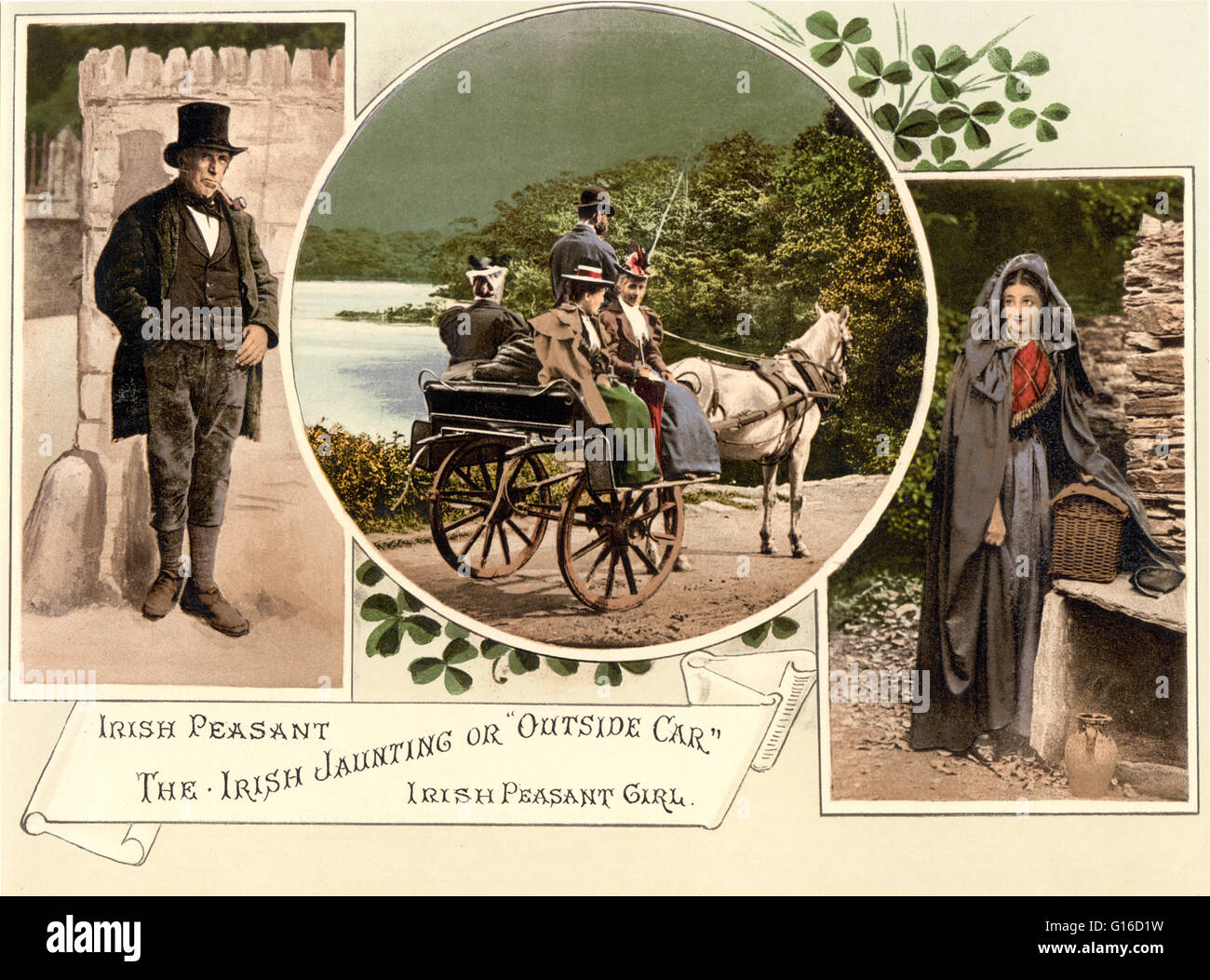 Irish jaunting car e contadini. Contea di Galway, Irlanda fotografata da Detroit Publishing Company circa 1890-1900. Un jaunting car è una luce di due ruote per il trasporto di un singolo cavallo, nella sua forma più comune con sedi per due o quattro persone posti ba Foto Stock