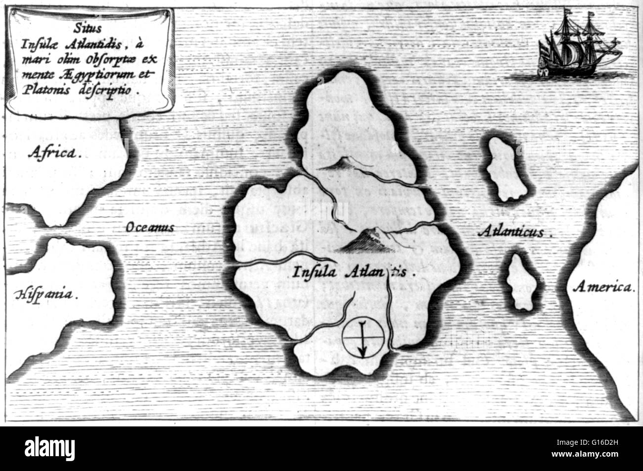 Athanasius Kircher, mappa di Atlantis, nel mezzo dell'Oceano Atlantico da Mundus subterraneus, 1665 edition. La mappa è orientata con il sud in alto. La storia del continente perduto di Atlantide inizia nel 355 A.C. con il filosofo greco Platone. In Foto Stock