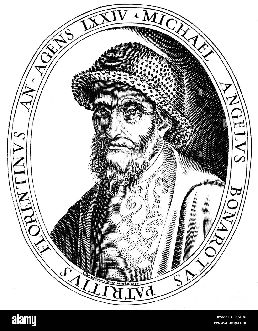 Incisione di Michelangelo da Christoforo Bianchi, 1612. Michelangelo di Lodovico Buonarroti Simoni (6 marzo 1475 - 18 febbraio 1564), comunemente noto come Michelangelo, è stato uno scultore italiano, pittore, architetto, poeta e ingegnere dell'Alto rinascimento Foto Stock