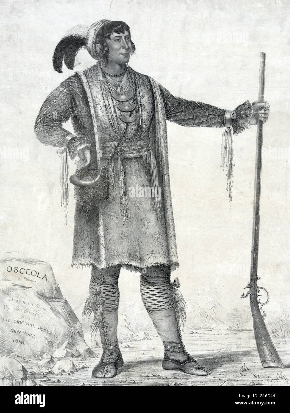 Osceola da George Catlin, litografia, dal suo ritratto originale, 1838. Osceola (1804 - 30 gennaio 1838), nato come Billy Powell, è diventato un leader influenti del Seminole in Florida. Misto di parentela, Creek, Scots-Irish e inglese, egli è stato sollevato come Foto Stock