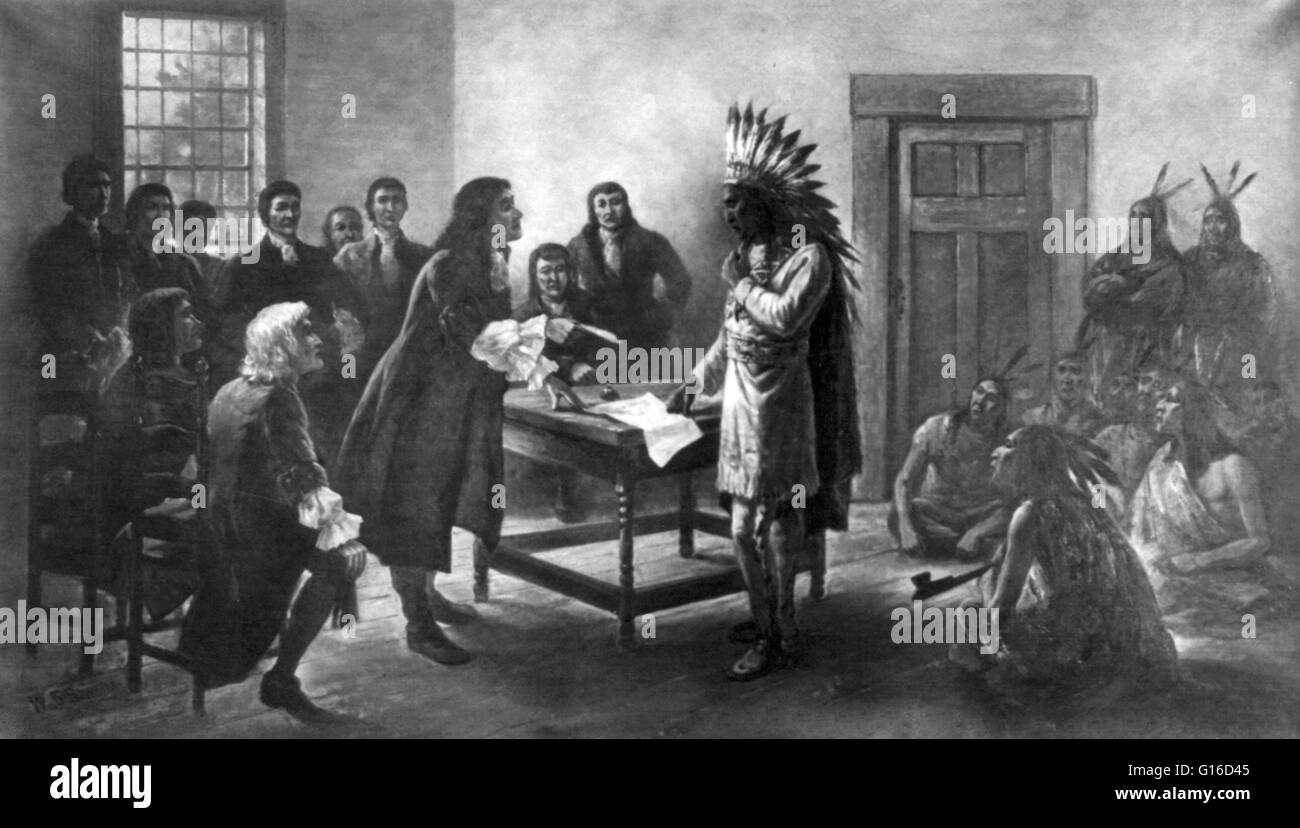 King (Metacomet) Philip, SACHEM *** del Wampanoags, permanente al trattato tabella con uomini bianchi, 1676. Metacomet (1639-1676) era un capo di guerra o di sachem degli Indiani Wampanoag e i loro leader in re Filippo di guerra, una diffusa Native American sollevazione contro Foto Stock