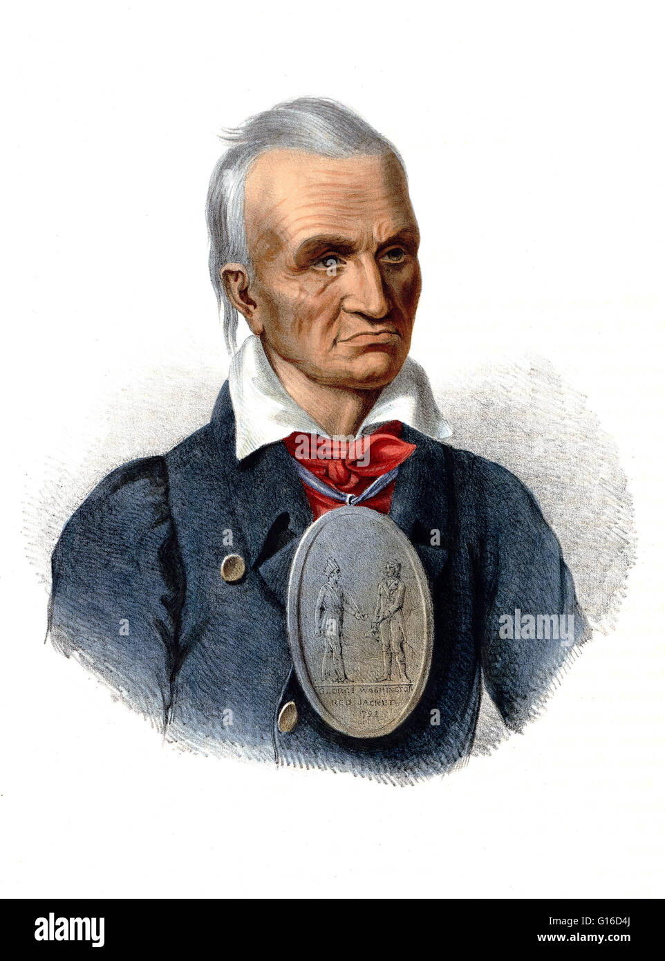 Giacca rossa, indossando il cappotto e medaglione di grandi dimensioni che mostra giacca rossa incontro George Washington nel 1792. Litografia da Corbould da un dipinto di C.B. Re. Giacca rossa (1750 - 20 gennaio 1830) era un nativo americano Seneca capo del clan Wolf. Giacca rossa Foto Stock