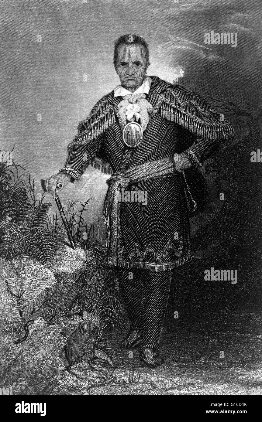Sa-go-ye-wat-ha (Seneca chief giacca rossa) incisione di M.J. Danforth, basato su un dipinto R.W. Weir. Giacca rossa (1750 - 20 gennaio 1830) era un nativo americano Seneca capo del clan Wolf. Giacca rossa ha preso il suo nome, uno dei molti che ha utilizzato per un altamente f Foto Stock