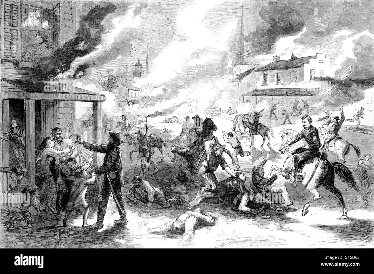 Dal titolo: " la distruzione della città di Lawrence, Kansas, e il massacro dei suoi abitanti dai guerriglieri ribelli, Agosto 21, 1863.' incisione è apparso in Harper's Weekly, 5 settembre 1863. William Quantrill il raid del Libero Stato-città di Lawrenc Foto Stock