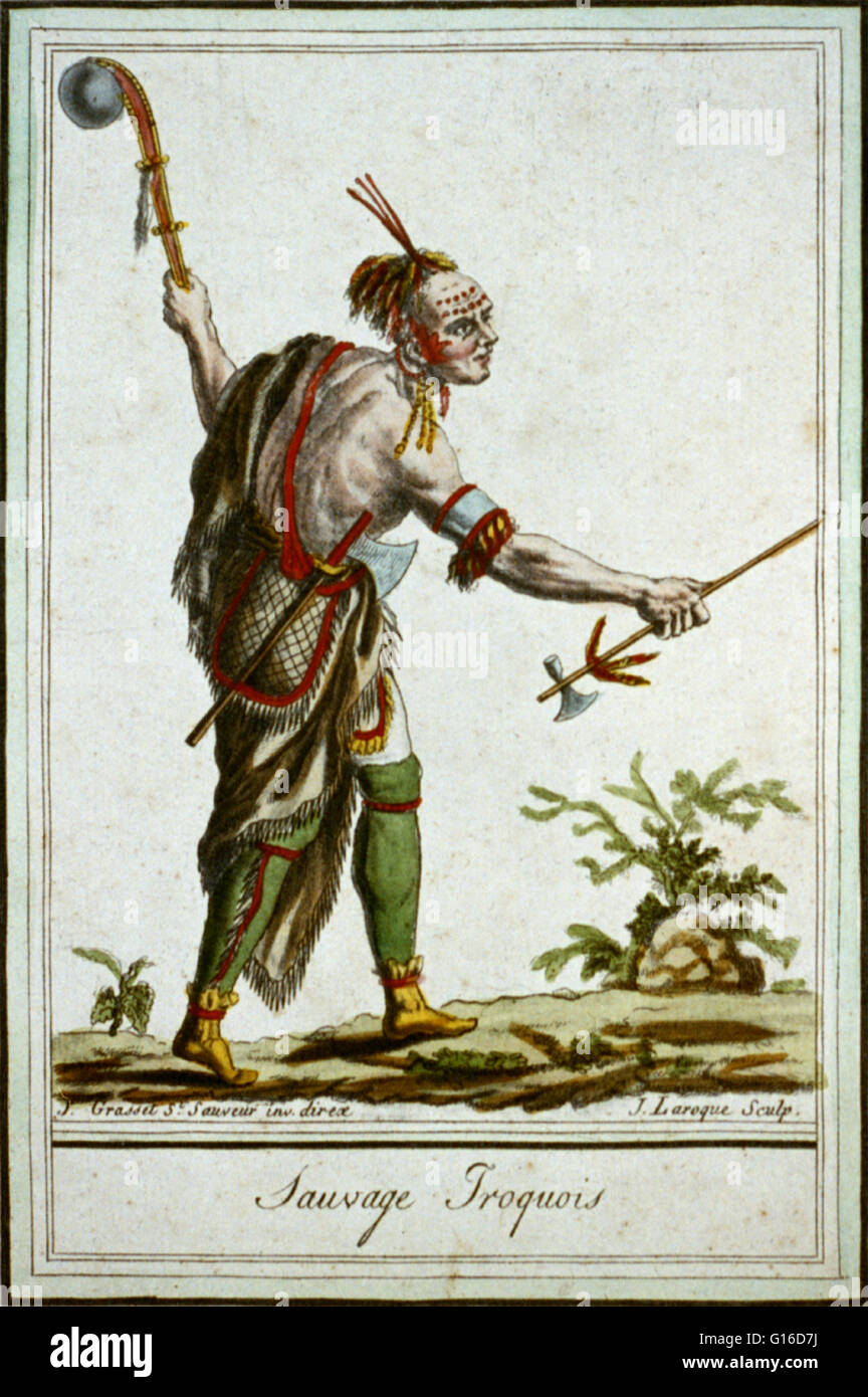 Titolo: "auvage Iroquois' che mostra un Indiano holding tomahawk e club, incisione colorata da J. Laroque dopo il disegno di Jaques Grasset de Saint-Sauveur, 1796. The Iroquois, noto anche come il Haudenosaunee, o Sei Nazioni, (cinque nazioni davanti a 1 Foto Stock