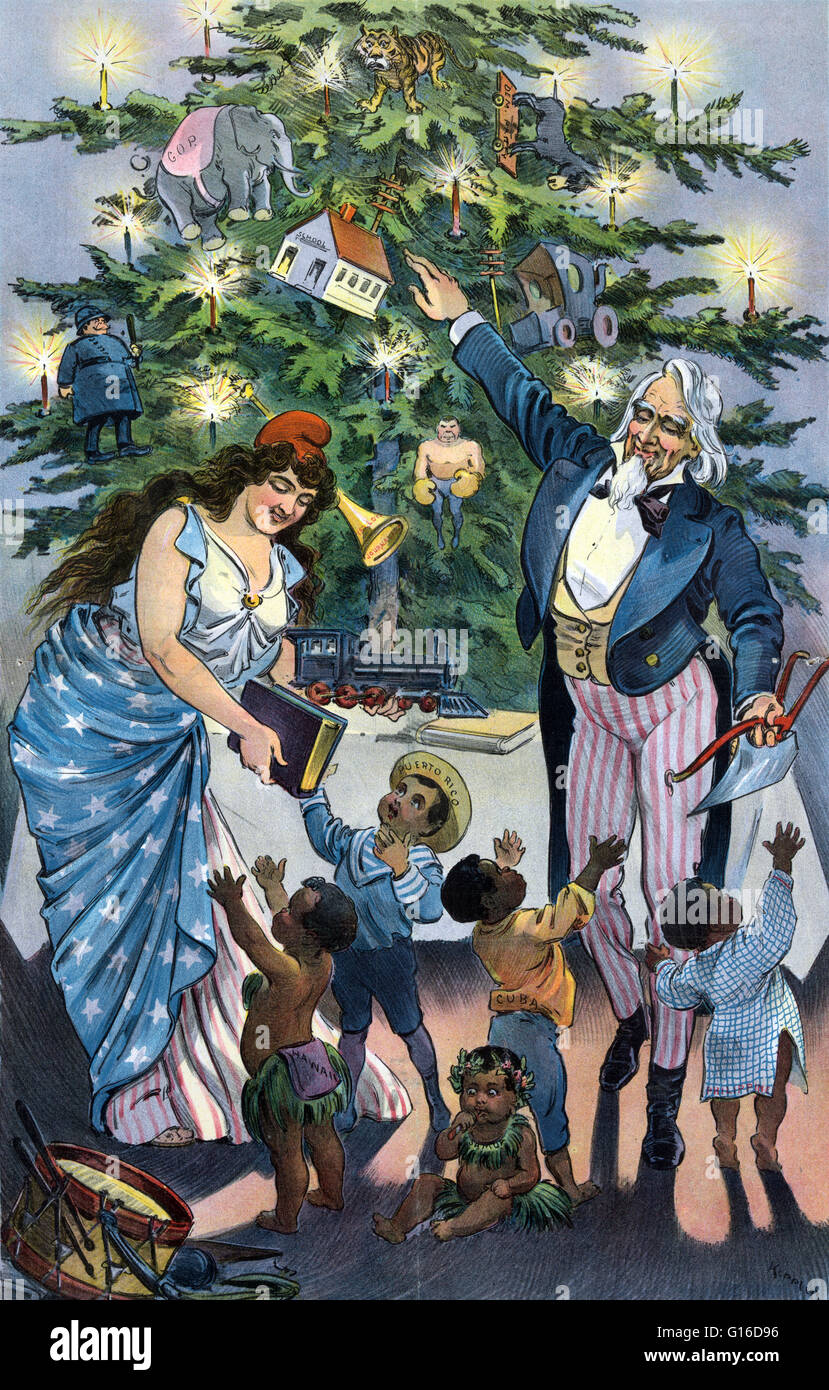 Titolo: "Il nostro albero di Natale' cartoon satirico che mostra lo zio Sam e Columbia prendendo i regali di Natale Un albero di Natale e distribuirli ai bambini nativi etichettato 'Hawaii, Samoa, Puerto Rico, Cuba, [e] Filippina. Puck è stata l'America la prima s Foto Stock