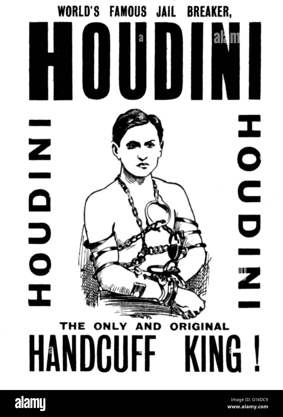 Titolo: 'Speciale starring impegno record del mondo la famosa prigione breaker, Houdini l'unica ed originale manette re ' litografia di poster creato da William E. Berry, Stampante, 1903. Harry Houdini (Marzo 24, 1874 - 31 ottobre 1926) era un ungherese Foto Stock