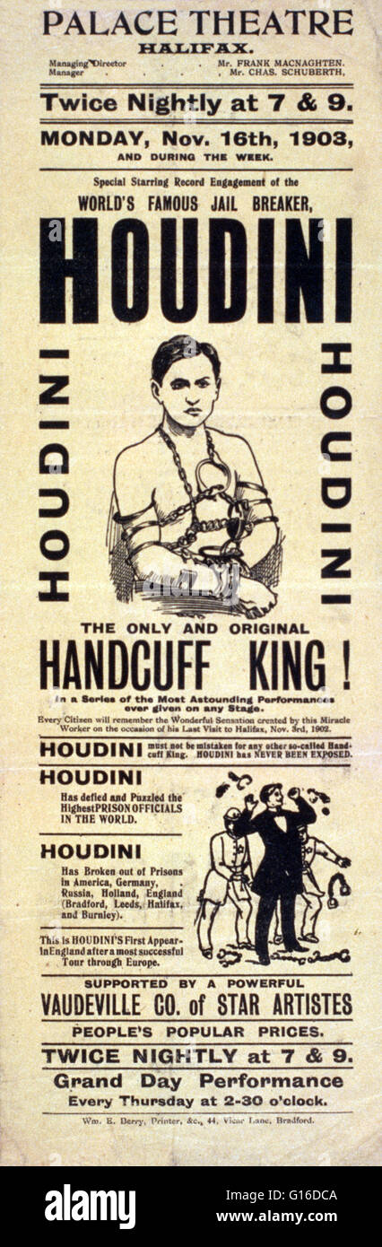 Titolo: 'Speciale starring impegno record del mondo la famosa prigione breaker, Houdini l'unica ed originale manette re ' litografia di poster creato da William E. Berry, Stampante, 1903. Harry Houdini (Marzo 24, 1874 - 31 ottobre 1926) era un ungherese Foto Stock
