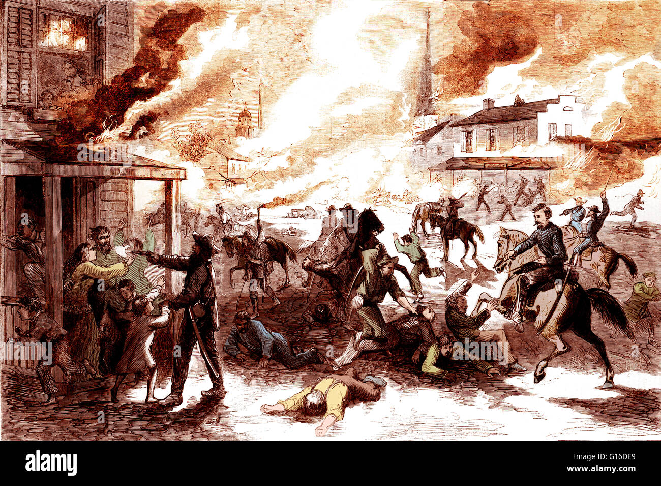 Dal titolo: " la distruzione della città di Lawrence, Kansas, e il massacro dei suoi abitanti dai guerriglieri ribelli, Agosto 21, 1863.' incisione è apparso in Harper's Weekly, 5 settembre 1863. William Quantrill il raid del Libero Stato-città di Lawrenc Foto Stock