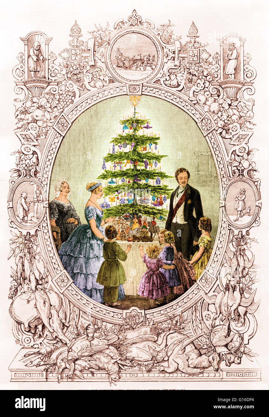 Titolo: "albero di Natale al Castello di Windsor' incisione della famiglia reale intorno all albero di Natale, raffigurata in un ovale con bordo che mostra le scene invernali e i frutti e gli animali di un abbondante raccolto. Un albero di Natale è una decorate albero, di solito un capodanno Foto Stock