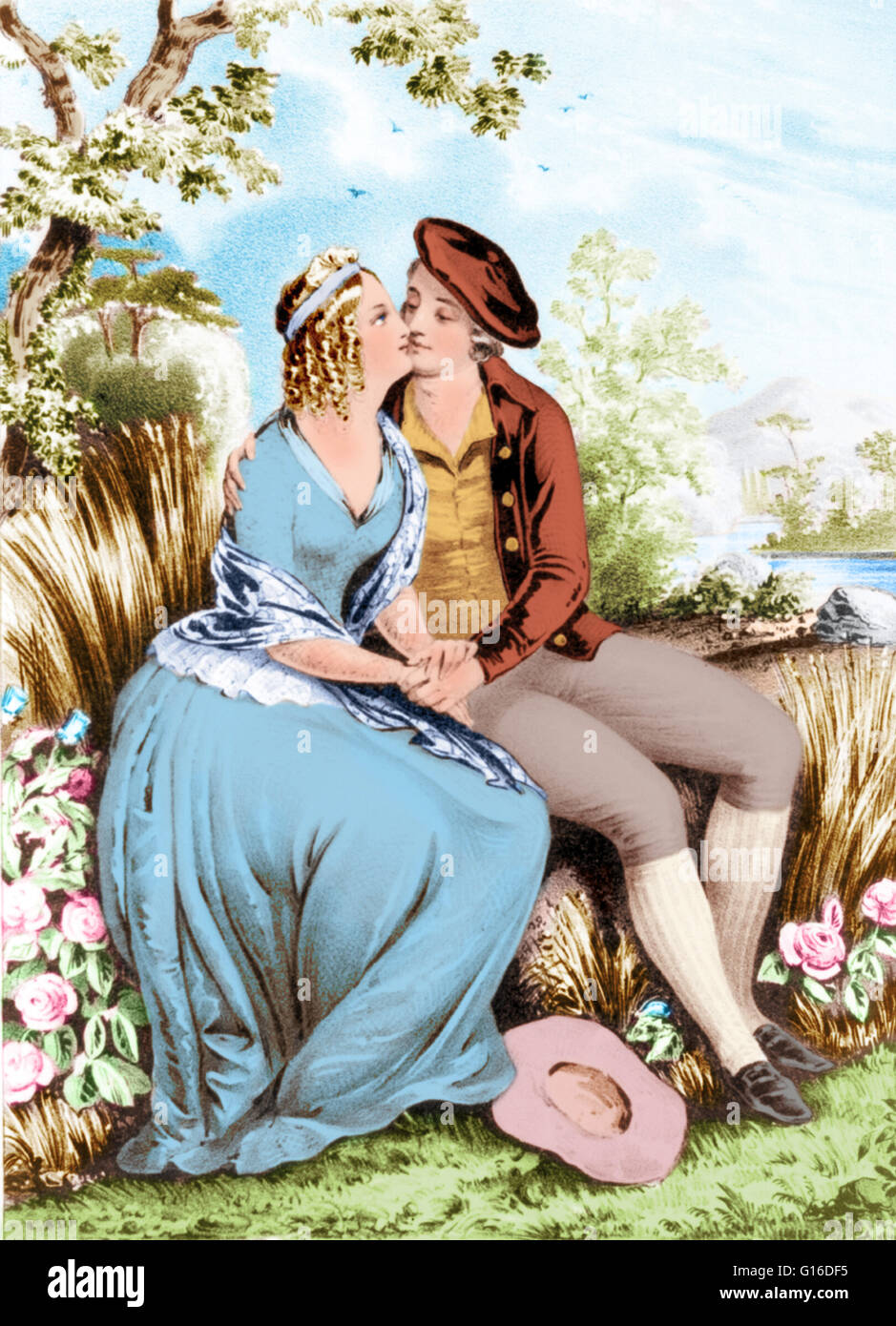 Litografia di Robert Burns e Mary Campbell seduto in un bosco di impostazione, tenendo le mani, e baciare. Robert Burns (25 gennaio 1759 - 21 luglio 1796) fu un poeta Scozzese e paroliere. Egli è ampiamente considerato come il poeta nazionale della Scozia e si celebra Foto Stock