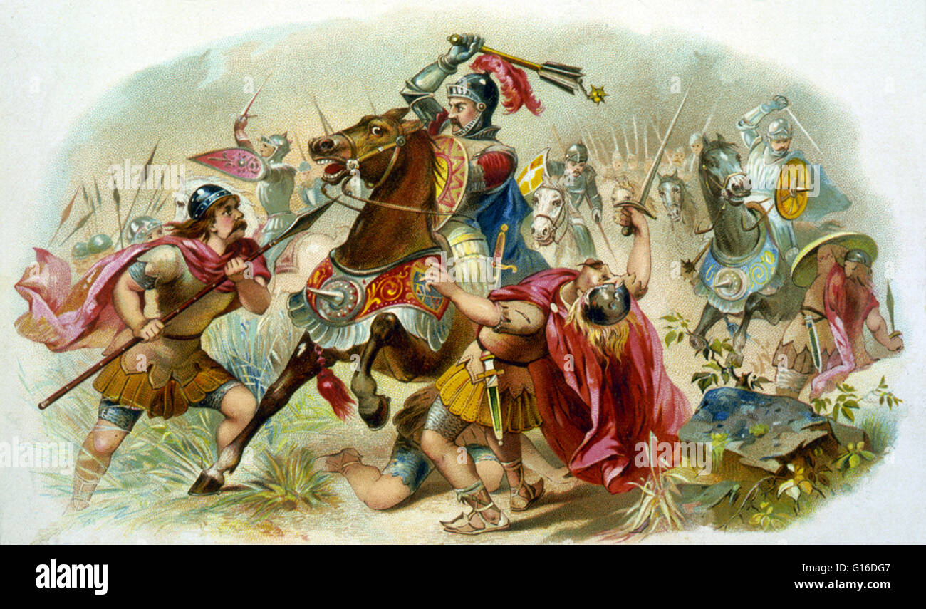Titolo: "invincibile", tabacco etichetta che mostra cavalieri in battaglia con i barbari che stanno attaccando da tutti i lati. Un cavaliere è una persona ha concesso un titolo onorifico di cavalierato da un monarca o altri leader politici per servizio del monarca o countr Foto Stock