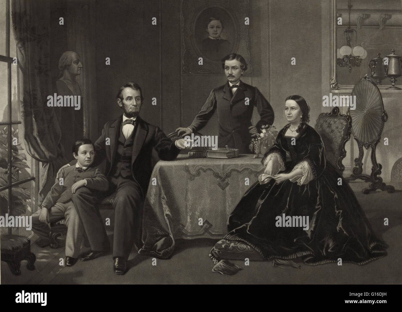 Lincoln e la sua famiglia dipinta da S.B. Waugh; incisi da William Sartain. Abraham Lincoln seduto nella sedia all'estremità sinistra di una tabella con Thomas seduta accanto a lui, Mary Todd è seduto sulla destra, e Robert Todd è in piedi dietro il tavolo. Portra Foto Stock