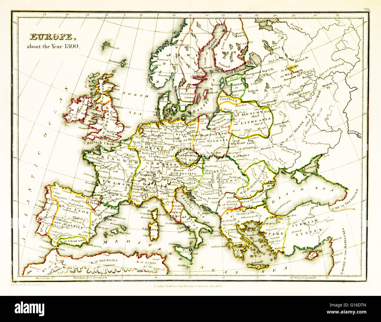 Una mappa di Europa, che mostra confini territoriali esistenti nel XIV secolo, specificamente 1300. Mappa pubblicato nel 1831. Foto Stock