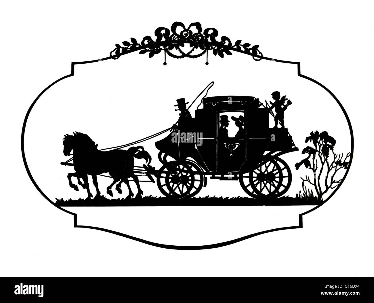 Tagliate a mano scarpe silhouette di un giovane nella finestra di una carrozza trainata da cavalli. Cupido scorre all'indietro, che indica che la coppia è in amore, circa 1880 e 1910. Matrimonio le tradizioni e le consuetudini variano notevolmente tra le culture, etnie, religioni, countr Foto Stock