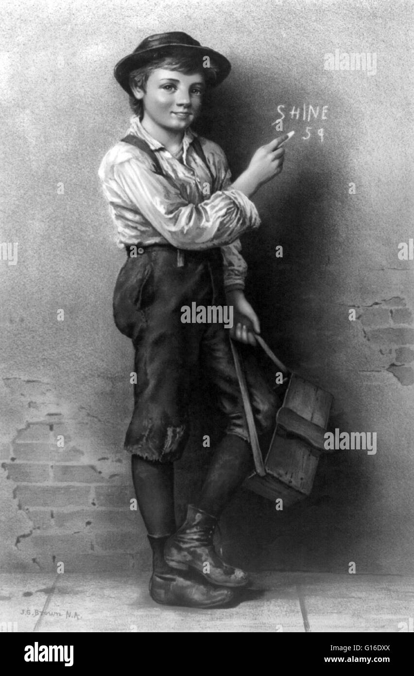 Titolo: "hine, cinque centesimi!' Shoeshiner o boot lucidatrice è una professione in cui una persona lucida scarpe con shoe polish. Essi sono spesso conosciuti come il servizio di pulizia scarpe ragazzi perché il lavoro è tradizionalmente quella di un figlio maschio. Shoeshiners si trovano spesso workin Foto Stock