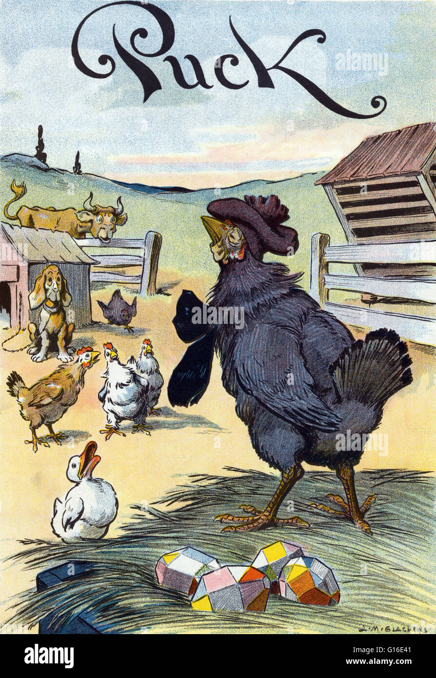 Titolo: "Pasqua Puck'. Chromolithograph mostra un pollo che indossa un berretto e un grande arco, in piedi su un nido con quattro vivacemente colorato angolare (cubisti uova. Altri polli, anatre, cane e una mucca osservare con quizzical guarda sulle loro facce.' Puck era un Foto Stock