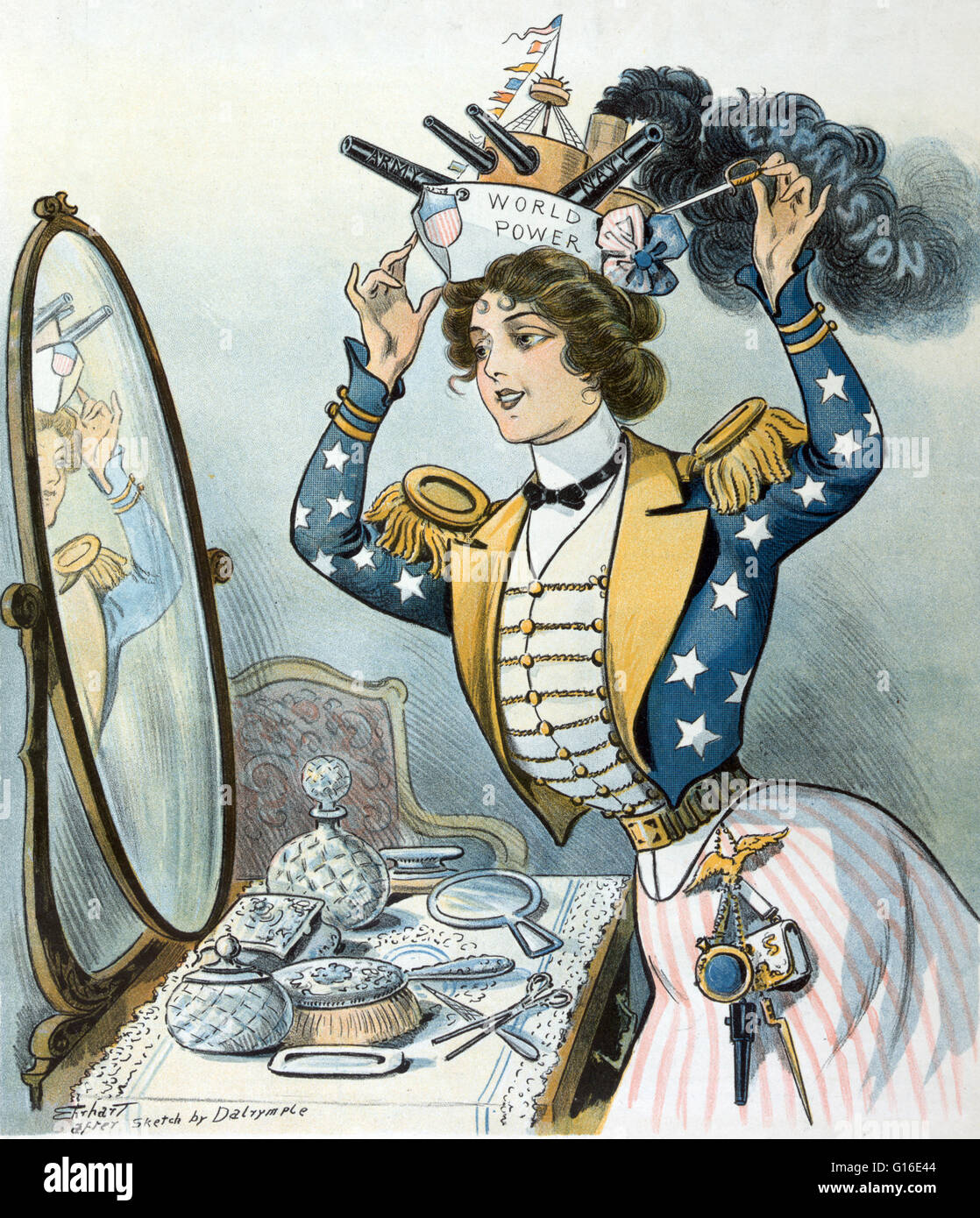 Titolo: "Columbia della Pasqua di Ehrhart del cofano dopo uno schizzo di Dalrymple.' Chromolithograph mostra Columbia regolando il suo cofano, che è una corazzata etichettato 'potenza mondiale" con due cannoni etichettato 'Army" e "Marina"; si produca denso fumo nero etichettato 'E Foto Stock
