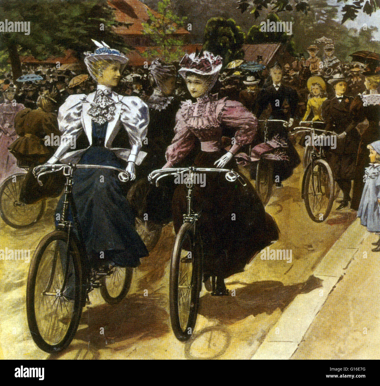 Titolo: "Ciclismo Battersea 1895." La moda nel 1890 in Europa e Comunità-influenzato paesi è caratterizzato da lunghe linee eleganti, colletti alti e il sorgere di abbigliamento sportivo. Fu un epoca di grandi riforme del vestito portato dalla invenzione della goccia- Foto Stock