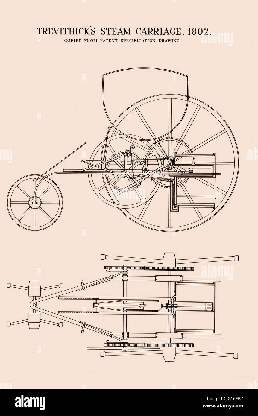 Trevithick e Vivian's vapore brevetto carrello, 1802. Nel 1801 Trevithick realizzato un carro a vapore, ma è fatto solo un breve viaggio prima di rompersi. Il seguente anno, in collaborazione con il suo partner commerciale Andrew Vivian, ha brevettato ad alta pressu Foto Stock