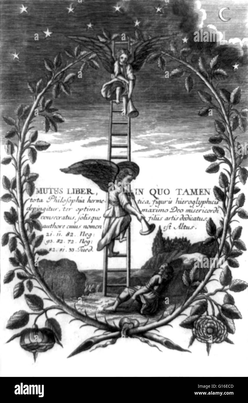 Intitolata "utus liber, in quo tamen.' mostra angeli scendendo la scala di Giacobbe soffiando trombe con sleeping Giacobbe al di sotto. Parte di una serie presumibilmente raffiguranti la preparazione dell'alchimista pietra filosofale. La scala di Giacobbe è una scala verso il cielo Foto Stock