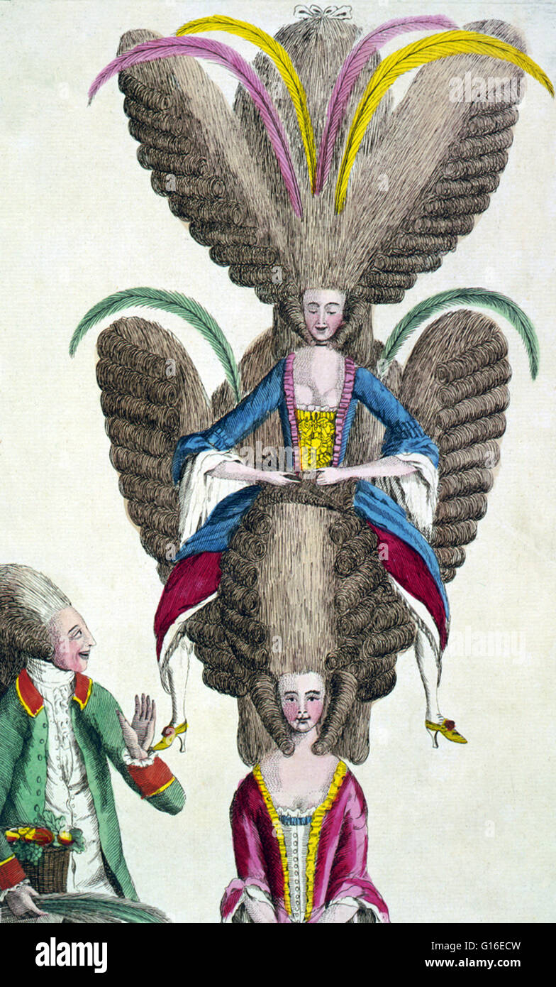Titolo: "La femmina frizzler.' Il XVIII secolo fu un epoca di eleganza. Mai nella storia europea possiamo vedere gli uomini e le donne in modo riccamente artificiale, così lontana dall'aspetto naturale. Ciò che non poteva essere fatto con i capelli naturali è stata fatta con le parrucche. Foto Stock