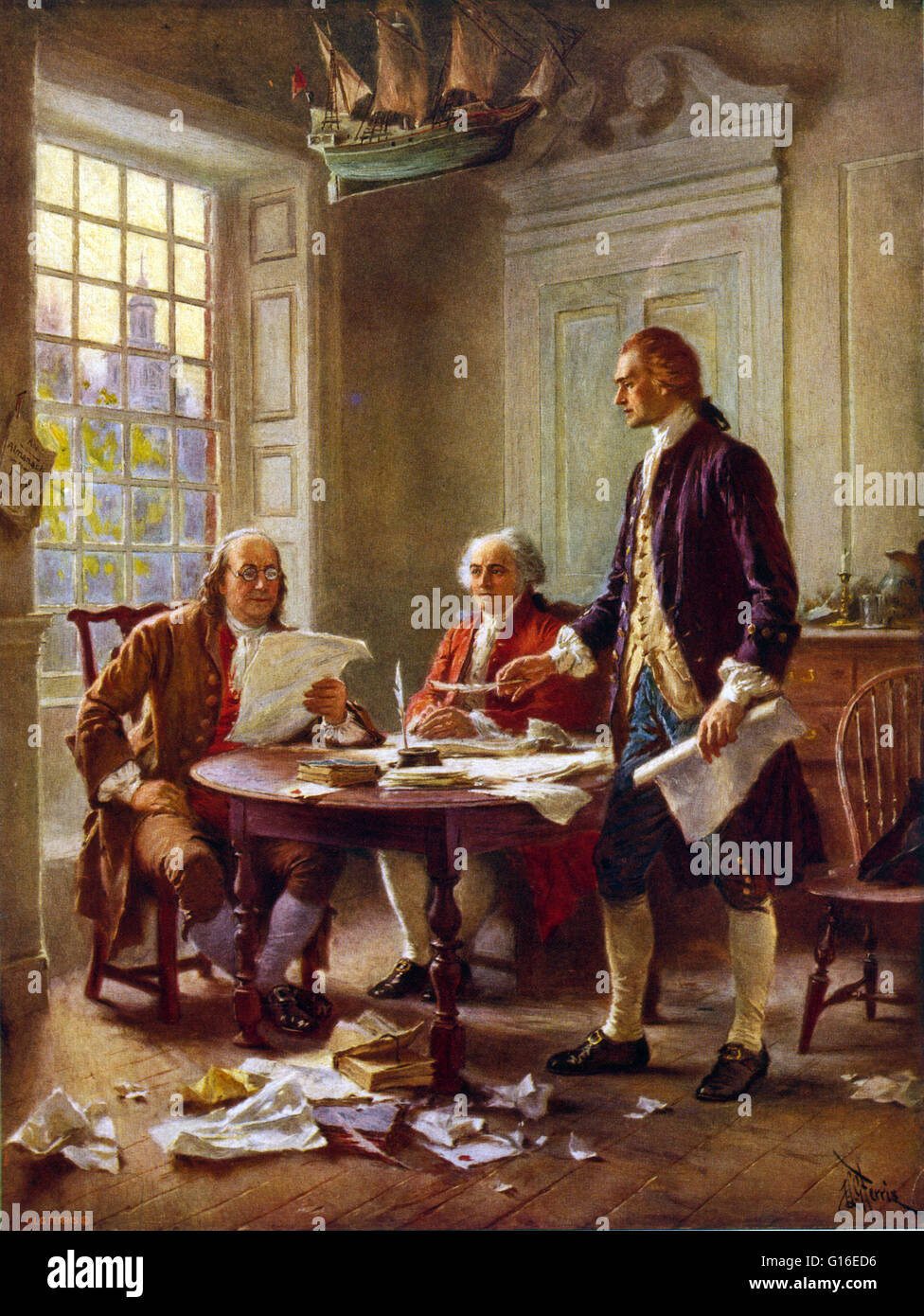Titolo: "La scrittura della dichiarazione di indipendenza, 1776.' Mostra Franklin, Adams e Jefferson incontro a Jefferson's filoni, sull'angolo del settimo e alta (Mercato) strade di Philadelphia, per esaminare una bozza della Dichiarazione di Indipendenza. Sulla J Foto Stock