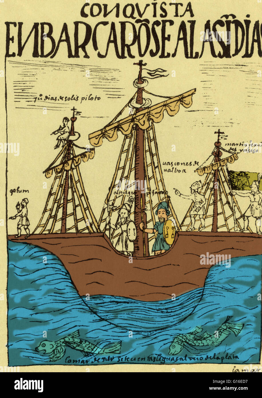 Illustrazione di un inizio del XVII secolo Codex peruviana raffigurante una flotta di navi helmed dal conquistador spagnolo Francisco Pizarro. Francisco Pizarro Gonzalez (c. 1471 o 1476 - 26 giugno 1541) era un conquistador spagnolo che ha vinto l'impero Inca. Foto Stock